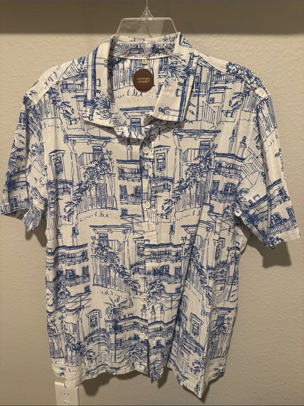 Common People Men's White Polo with Blue Architectural Sketch Print